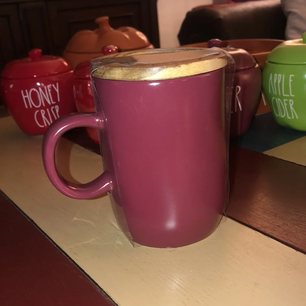 Rae Dunn AUTUMN VIBES Mug with Wood Lid/Coaster Burgundy